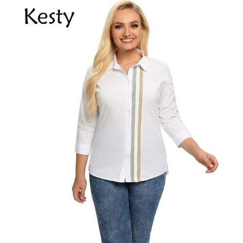 KESTY Womens Plus Size Spring Cotton Shirt With Elastic Lapel Tie Button With Sequin Casual Top