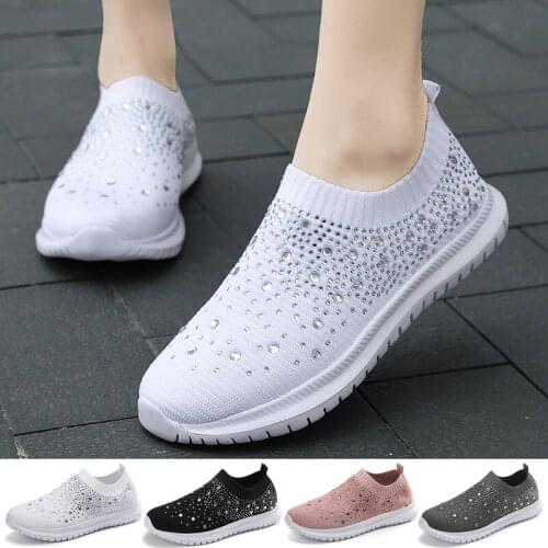 Women Sneakers Casual Bling Crystal Slip on Shoes Women Walking Breathable Lightweight Sparkly White Trainer Vulcanized Shoes