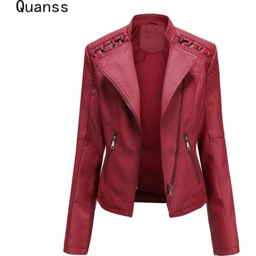 Quanss Spring Autumn Pu Faux Leather Jacket For Women 2021 New Fashion Moto Biker Short Coats Female Luxury Casual Outerwear