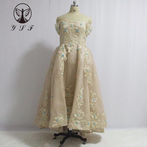 Best Selling Champagne Square Appliqued Lace Beaded Pearls Short Sleeve Short Front Long Back Prom Dresses