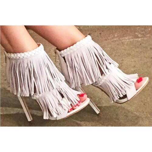 Hot selling fashion opened toe tassel women sandal boots cover suede ankle boots women stiletto heel pumps party high heel shoes