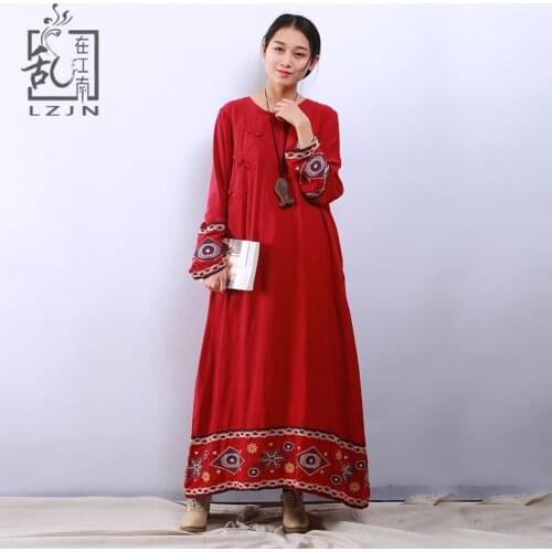 LZJN Red Maxi Bohemian Dress Long Sleeve Women 2020 Spring Autumn Cotton Robe Femme A Line Romantic Dress with Flower Embroidery