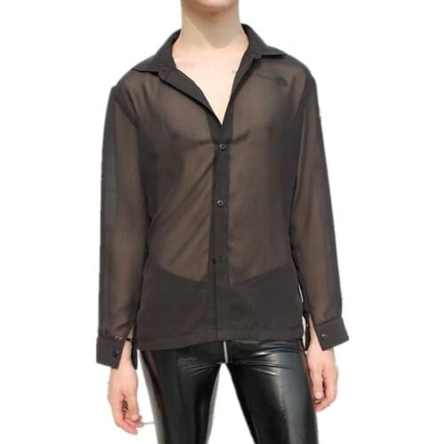 Mens Summer Perspective Sunscreen Long Sleeve T-Shirt Casual Loose Sunshade Clothes Chiffon Thin Transparent Tee Shirt Tops