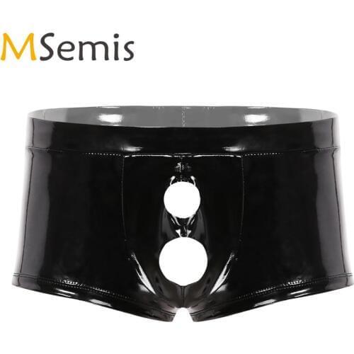 Men Hot Wetlook Latex Underwear Erotic Patent Leather Sissy Panties with Penis Hole Sexy Slip Gay Jockstraps Boxer Shorts Briefs