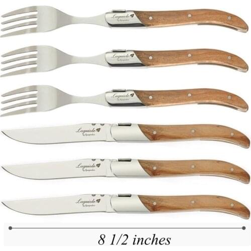 6pcs 8.7'' 304 Stainless Steel Steak Knives Forks Set Laguiole Dinner Knives Olive Handle Dinnerware Set Xmas Wooden Cutlery