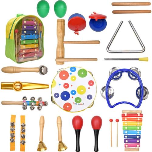 19PCS Percussion Musical Instruments Set Rhythm & Music Toddler Educational Toys Band Set Wooden Rattles Toys for Children Gift