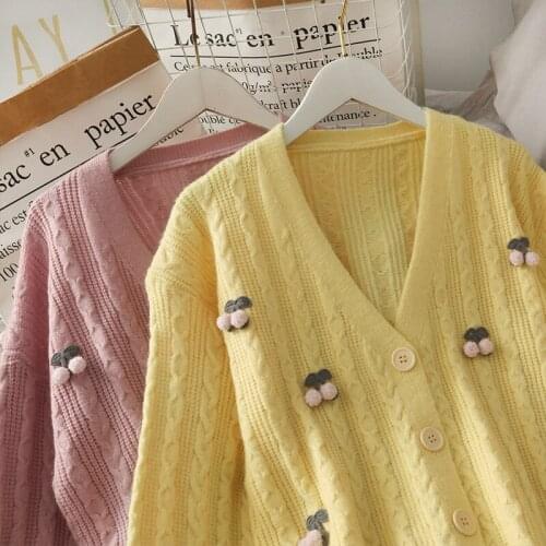 Spring Autumn New Loose Sweater Sweet Fresh Cablknit Sweateres Coat Short Cardigan Long Sleeve Vneck Fashionable Knitted Sweater