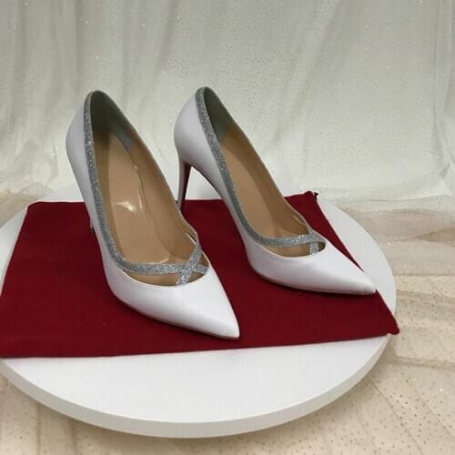 New white professional high heel womens slim heel sexy pointed Sequin banquet shoes in autumn 2020