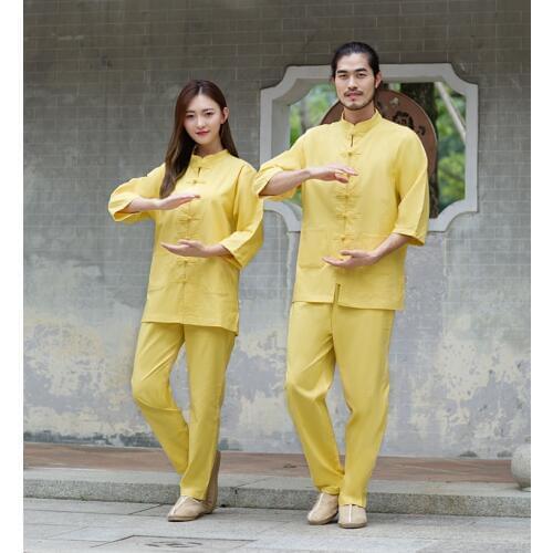 Spring Summer Kungfu Clothing Taiji Flax Half Sleeve Wushu Performance Costume Cotton Linen Comfortable Suits Top + Trousers