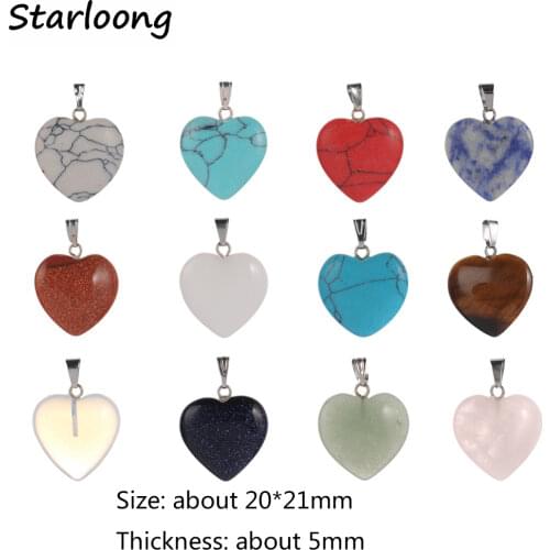 Wholesale Assorted Mixed Color Pink Quartz Tiger Eye Natural Stone Crystal Charms Pendant Heart Flat for Jewelry Making Necklace