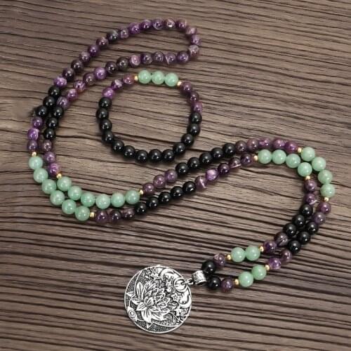 OAIITE 8mm Natural Amethyst Onyx Green Aventurine Beads Necklace Bracelet Set Meditation 108 Mala Tassel Necklace Yoga Jewelry