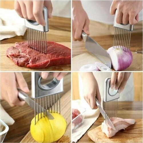 Food Slice Assistant Vegetable Holder Onion Chop Fruit Vegetables Cutter Stainless Steel Onion Cutter Slicer Tomato Cutter Knife