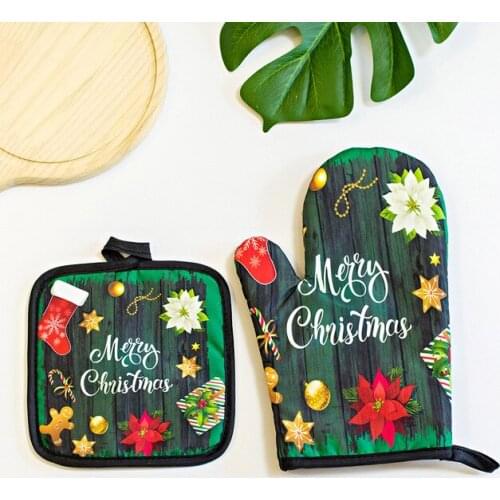 2PCS/Set Xmas Santa Claus Heat Resistant Mitts Baking Anti-Hot Gloves Pad Oven Microwave Insulation Mat Baking Cooking Gloves