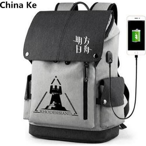 Anime Arknights Rhodesisiand USB Port Backpack Bag Zipper Messenger School Students Book Boys Man Large Capacity Travel Bag