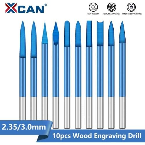 XCAN Wood Engraving Drill Carving Bit 10pcs 2.35/3.0mm Shank Milling Cutter Nano Blue Coated Carbide Tipped Wood Drilling Tool