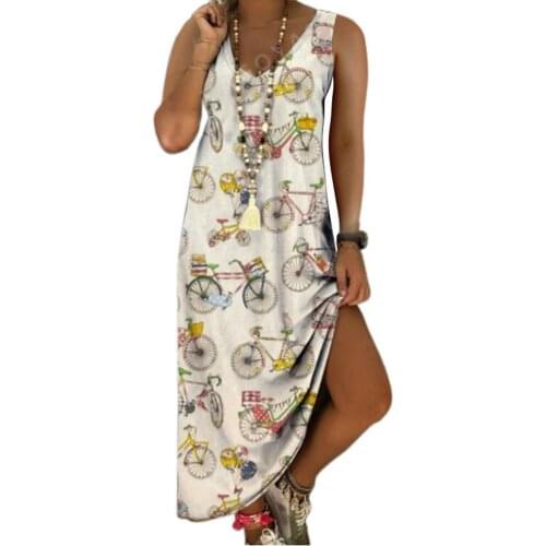 Bohemian Women Dress Elegant Print V Neck Summer Sleeveless Sing Dresses Plus Size Loose Waist Casual Dress Beach Party
