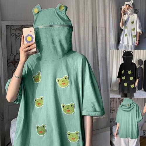 Women T Shirt Hooded Frog Print Tops Pullovers With Horns Harajuku Hooded Zipper Girls Teens White Green Short Sleeve Girl Top