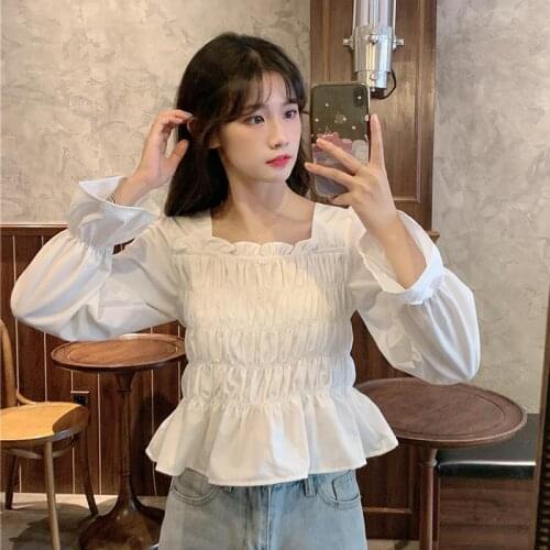 Women Blouse Autumn Pleated Fashion Square Collar Long Sleeve Shirt Top Womens Clothing Blusas Ropa De Mujer