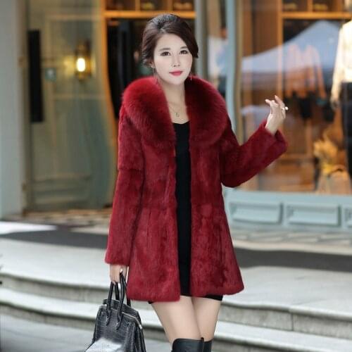 Full Pelt whole Natural Real Rabbit Fur Coat big size long style fox fur collar outerwear coats womens winter warming clothes