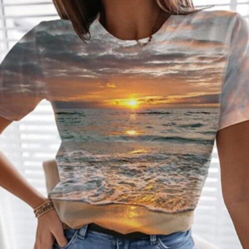 Woman Tshirts Ocean Landscape Print T-shirts O-neck Pullover Long Sleeve T Shirt Tops Casual Harajuku Tee Shirts футболка