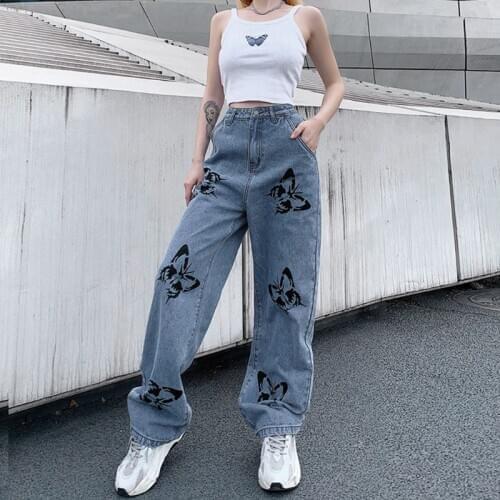 Women High Waist Baggy Jeans Harajuku Butterfly Print Wide Leg Straight Pants