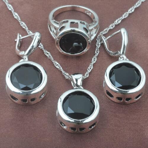Womens Silver Color Jewelry Sets Classic Round Black Zirconia Necklace and Earrings Ring Set Bridal Jewellry 2020 New TZ0146