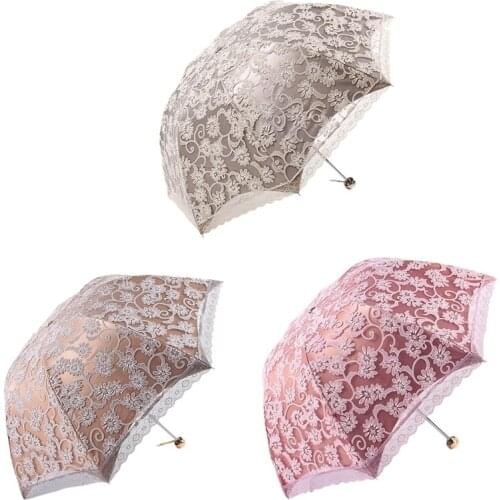 Ladies Lace Parasol Umbrella UV Protection Sun Shade UPF 50+ Lightweight Folding Umbrella Gray