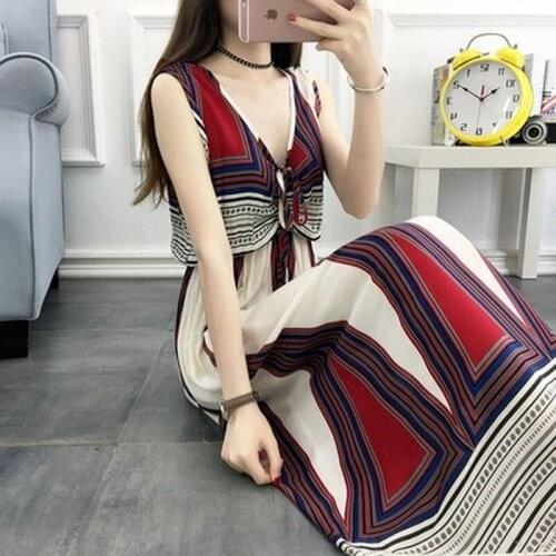 2021 Summer Bohemian Dress Womens New Floral Ethnic Style Large Size Cotton Silk Sleeveless Slim Slimming Sleeveless Dress New