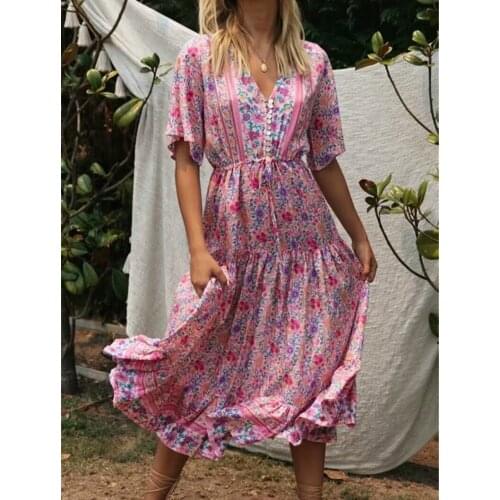 Happie Queens women pink Floral print sleeve beach Bohemian rayon maxi dresses Ladies V neck botton Tassel Boho dress vestidos