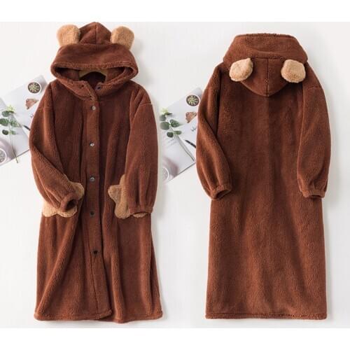 Winter Cute Robes for Women Hooded With Stereo Ear Dark Coffee Full Sleeves Pajamas Long Warm Casual Homewear Sleepwear Dropship