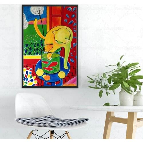 Famous Painting Goldfish By Henri Matisse Inspired Creative Fish and Cat Funny Canvas Painting Wall Decoration for Living Room