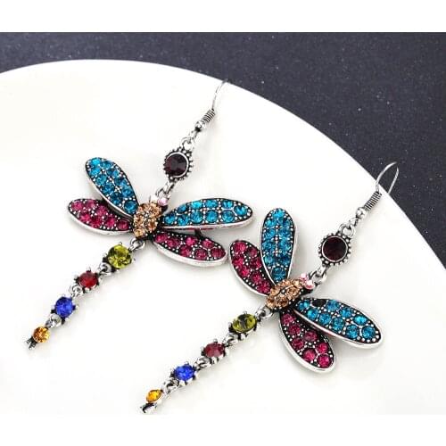 2021 New Red Zircon Dragonfly Tassel Earrings Fashion Ladies Rhinestone Dangle Earrings Jewelry Party Gift crystal earrings