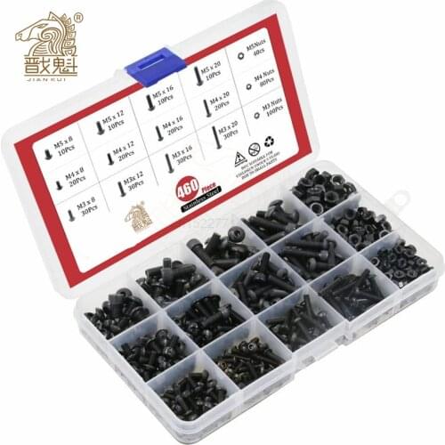 460Pcs ISO7380 M3 M4 M5 Alloy Steel 10.9 Level Black Hexagon Socket Button Head Screw Furniture Cap Hex Bolts Kit
