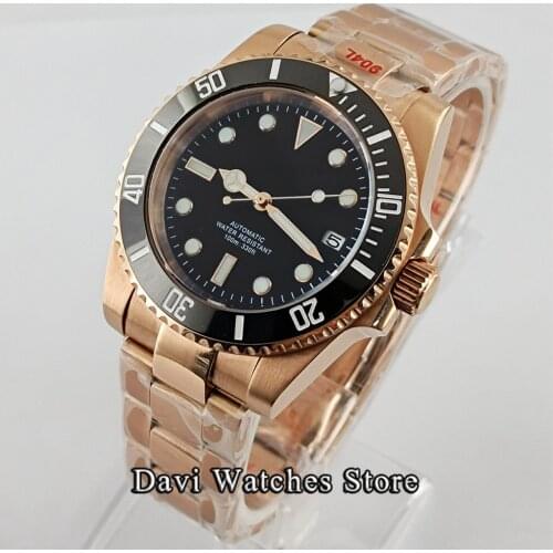 40mm Sterile Rose Gold Black Dial Watches Men Ceramic Bezel Sapphire 24 Jewels Japan NH35 Automatic Movement Waterproof Watch