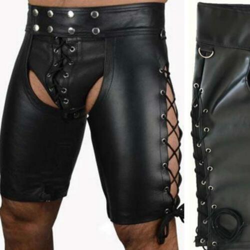 Black Sexy Tight Skinny Mens Leather Shorts Buttons And Bandage Details Front Faux Leather Short Pants Mens Casual Shorts