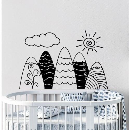 Baby Nursery Room Wall Stickers Hand drawn Mountain Lovely Nordic Style Decor Posters Vinyl Decals for Kids Rooms Sun Cloud G950