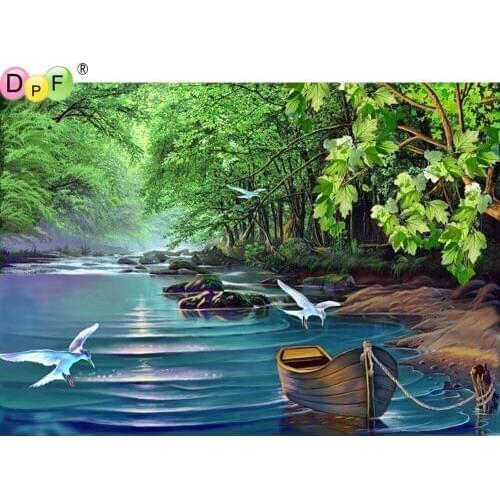 DPF 5D Creek and boat full Round Diamond Painting Mosaic DIY Magic Cube Cross Stitch art craft Diamond Embroidery Decor