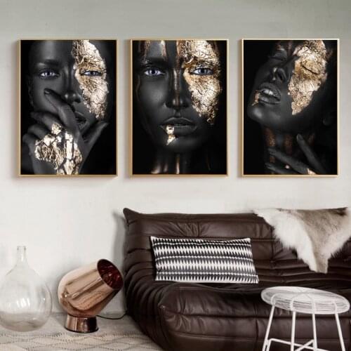 African Women Canvas Paintings Gold and Black Woman Posters and Prints Wall Art Pictures for Living Room Home Decoration Cuadro