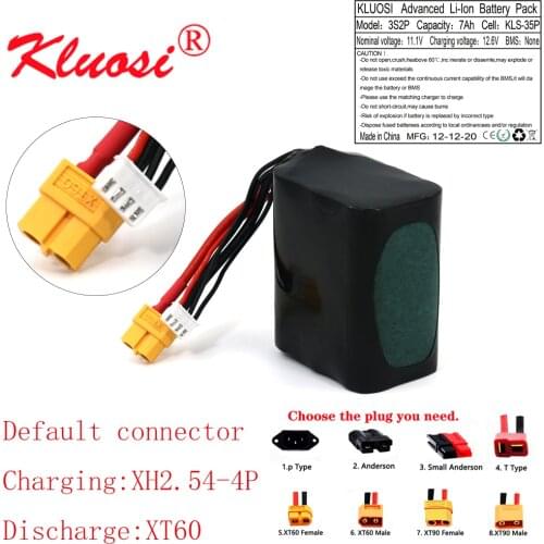 KLUOSI 3S2P 12V 7Ah High Capacity UAV Rechargeable 12.6V Li-ion Battery for Various RC Airplane Drone Quadrotor XH2.54-4P XT60