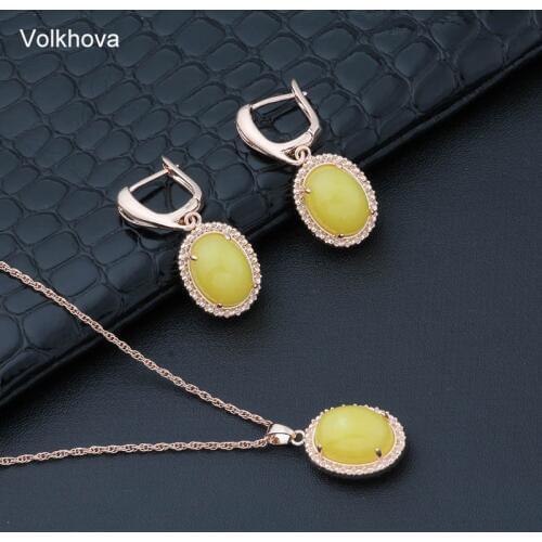 Volkhova Exaggerated Imitation Gemstone Rose Gold Color Jewelry Necklace Earring Set Charming Fashion Jewelry Set