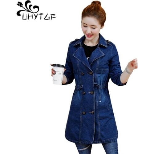 UHYTGF New Spring Autumn Denim Jacket Womens Clothing Medium Long Section Loose Elegant Generous Fashion Female Jeans Coats 111