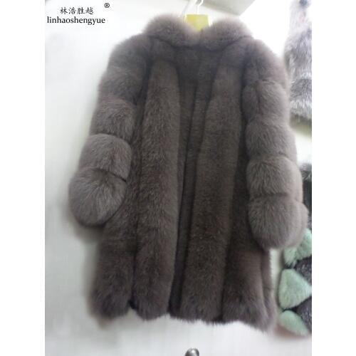 Linhaoshengyue Real Fox Fur Coat with Hood,Long78cm