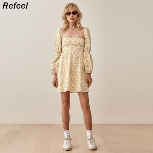 New Vintage Print Mini Dress Women Summer Autumn Square Collar Short Beach Female Long Lartern Sleeve A-line Dress Vestidos