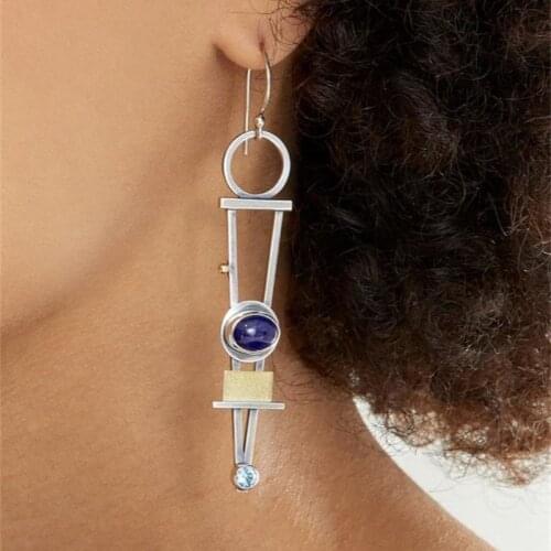 Trendy Lapis Lazuli Turquoise Geometric Long Earrings For Women Silver Color Metal Womens Drop Earring Female Jewelry Gift