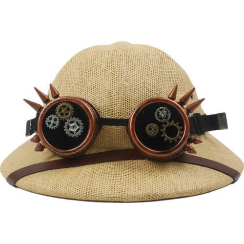 Novelty Straw Steampunk Helmet Pith Sun Hat Women Men Vietnam War Army Hat Steam Punk Glasses Safari Jungle Miners Cap 56-59CM