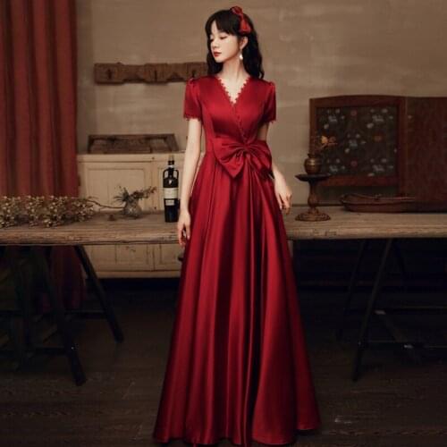 Special Occasion Dresses Vintage V-Neck Short Embroidery Bow A-Line Luxury Burgundy Fashion Floor-Length Women Prom Gown E885