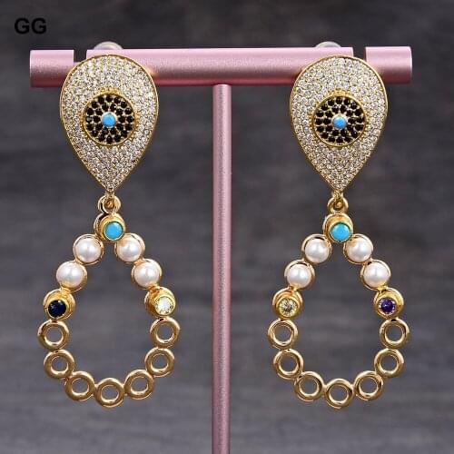 GG Jewelry White Shell Pearl Trimmed Blue Purple Cz Pave Setting Gold Plated Dangle Stud Earrings