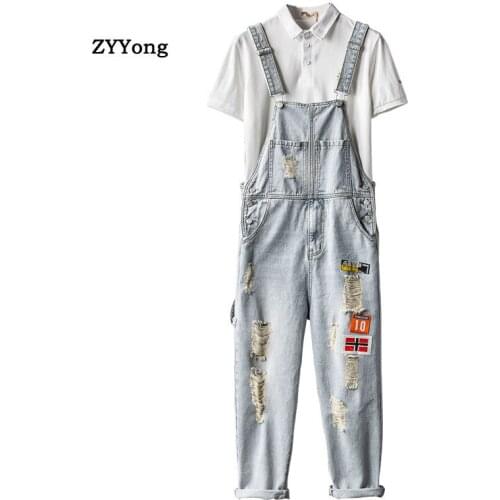 Ripped Patch Letter Men Denim Bib Overalls Loose Hip Hop Jumpsuit Tattered Jeans Homme Wide Leg Pants Freight Trousers