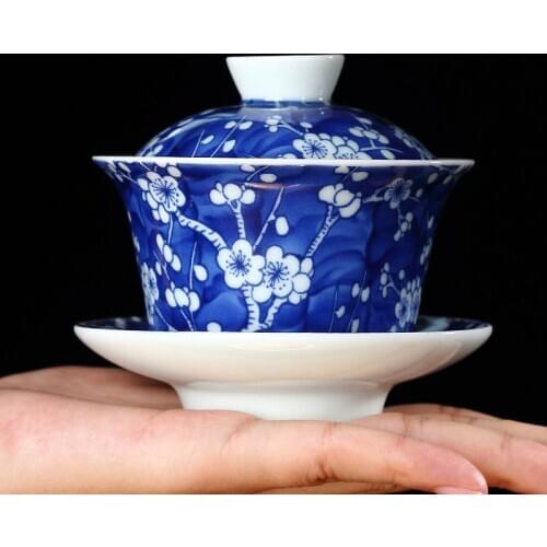 Blue and White Porcelain Blue and White Prunus Mume Tureen Large Ceramic Cup Three-Piece KungFu Tea Set Tea Brewing Bowl Gaiwan