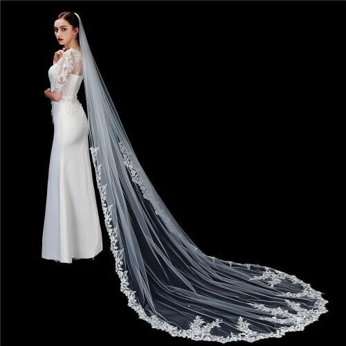 Bridal Veils 2021 New Wedding Dress With Comb Lace Edge One-layer Appliqued 3m Cathedral Veil